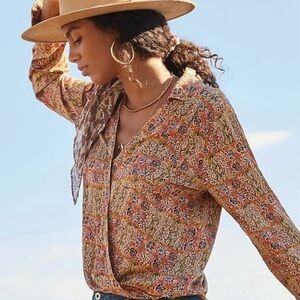 Anthropologie Pilcro Tisha Surplice Womens Faux Wrap Floral Blouse Size Small